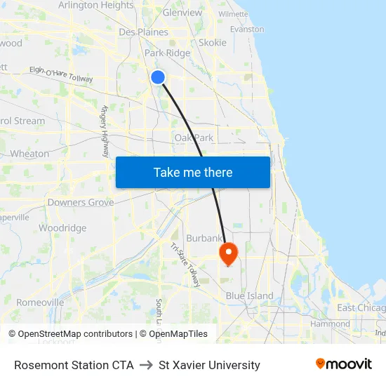 Rosemont Station CTA to St Xavier University map