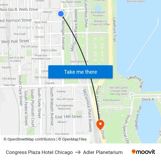 Congress Plaza Hotel Chicago to Adler Planetarium map