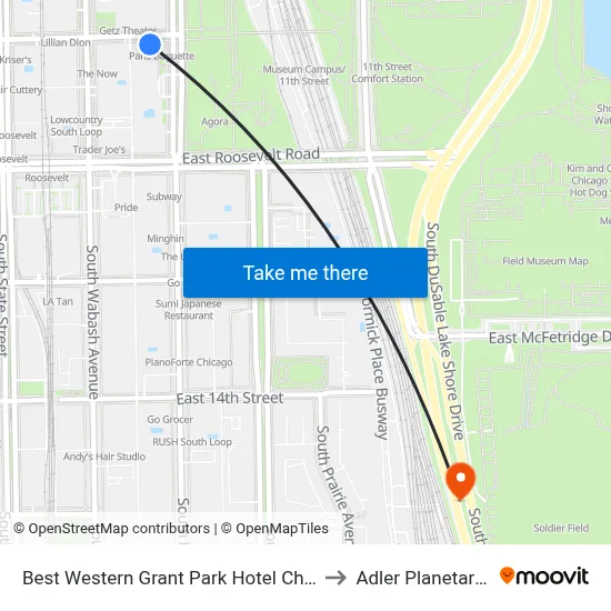 Best Western Grant Park Hotel Chicago to Adler Planetarium map