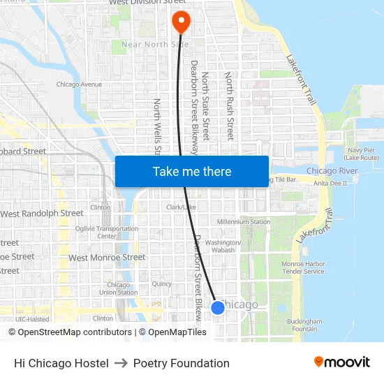 Hi Chicago Hostel to Poetry Foundation map