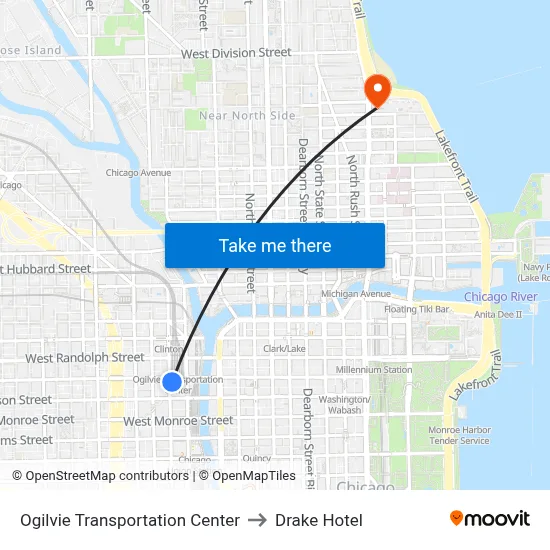 Ogilvie Transportation Center to Drake Hotel map