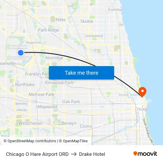Chicago O Hare Airport ORD to Drake Hotel map