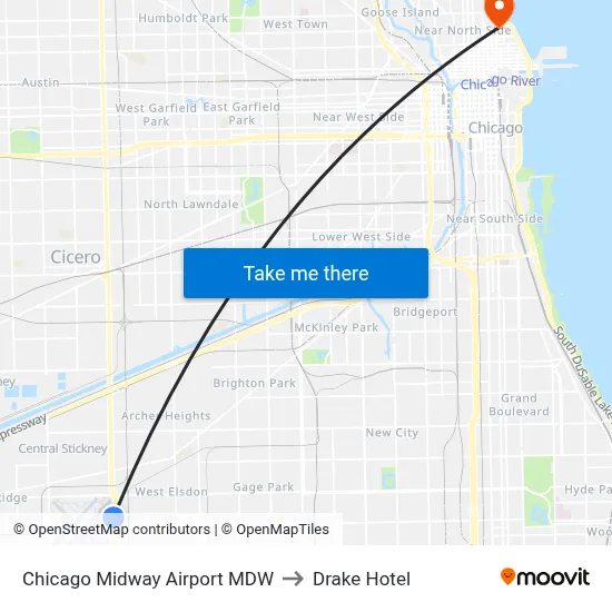 Chicago Midway Airport MDW to Drake Hotel map
