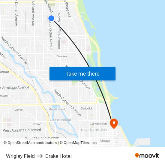 Wrigley Field to Drake Hotel map