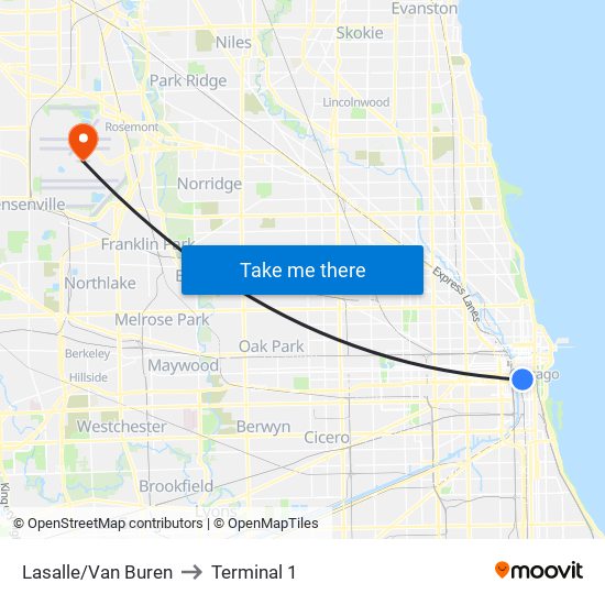 Lasalle/Van Buren to Terminal 1 map