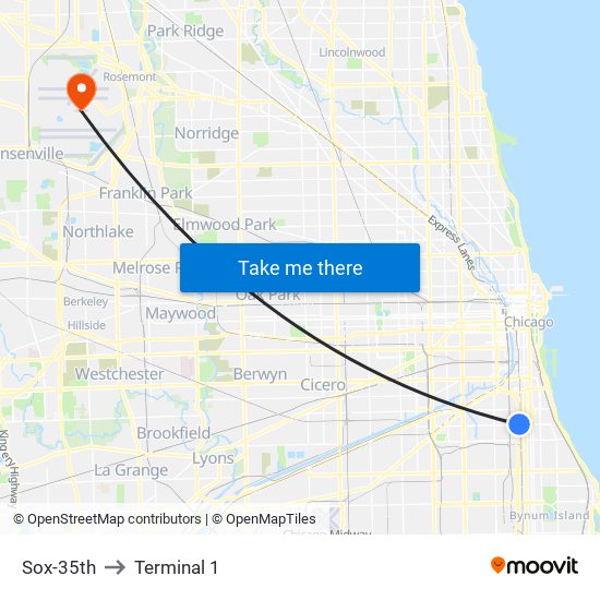 Sox-35th to Terminal 1 map