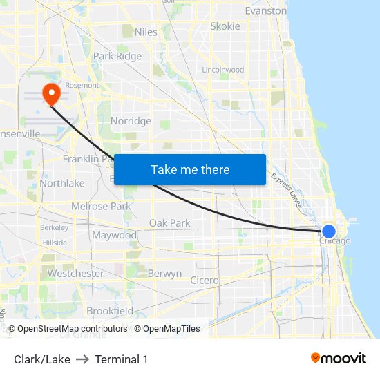 Clark/Lake to Terminal 1 map