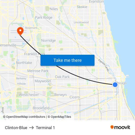 Clinton-Blue to Terminal 1 map