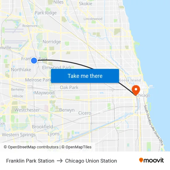 Franklin Park Station to Chicago Union Station map