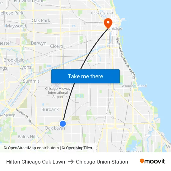 Hilton Chicago Oak Lawn to Chicago Union Station map