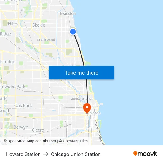 Howard Station to Chicago Union Station map