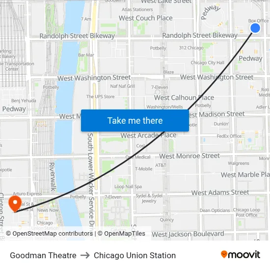 Goodman Theatre to Chicago Union Station map