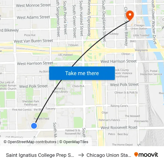 Saint Ignatius College Prep School to Chicago Union Station map