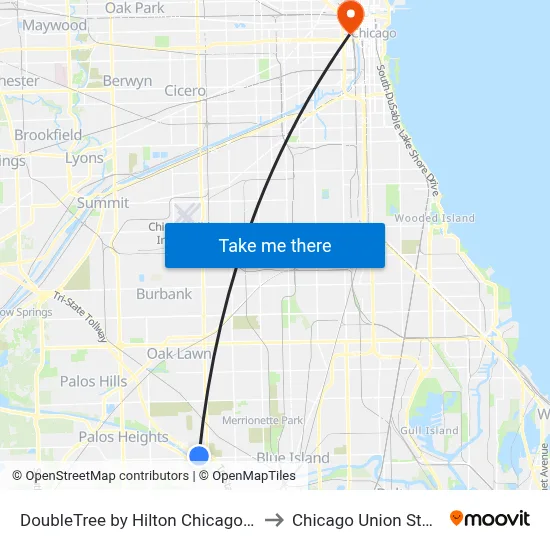 DoubleTree by Hilton Chicago Alsip to Chicago Union Station map