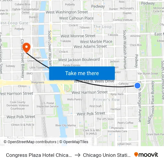 Congress Plaza Hotel Chicago to Chicago Union Station map
