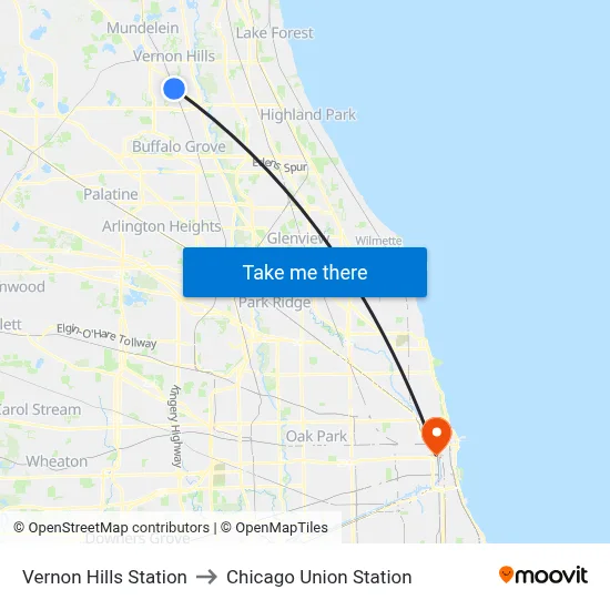 Vernon Hills Station to Chicago Union Station map