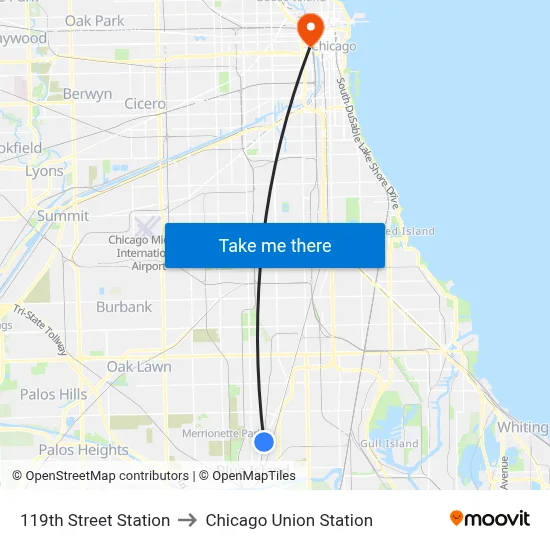 119th Street Station to Chicago Union Station map