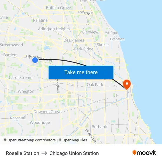 Roselle Station to Chicago Union Station map
