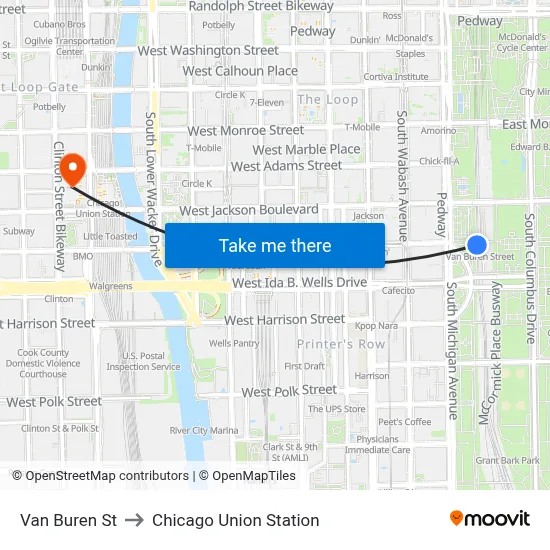 Van Buren St to Chicago Union Station map