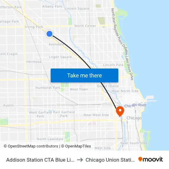 Addison Station CTA Blue Line to Chicago Union Station map