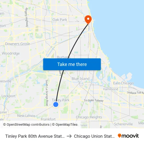 Tinley Park 80th Avenue Station to Chicago Union Station map