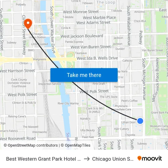 Best Western Grant Park Hotel Chicago to Chicago Union Station map