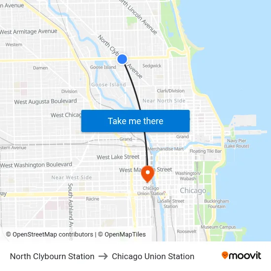 North Clybourn Station to Chicago Union Station map