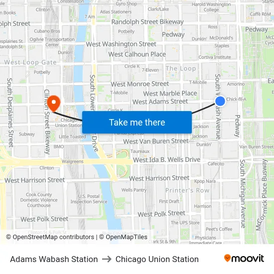Adams Wabash Station to Chicago Union Station map