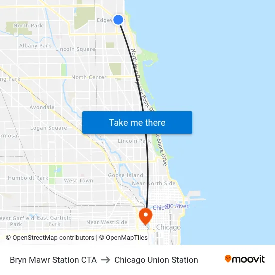 Bryn Mawr Station CTA to Chicago Union Station map