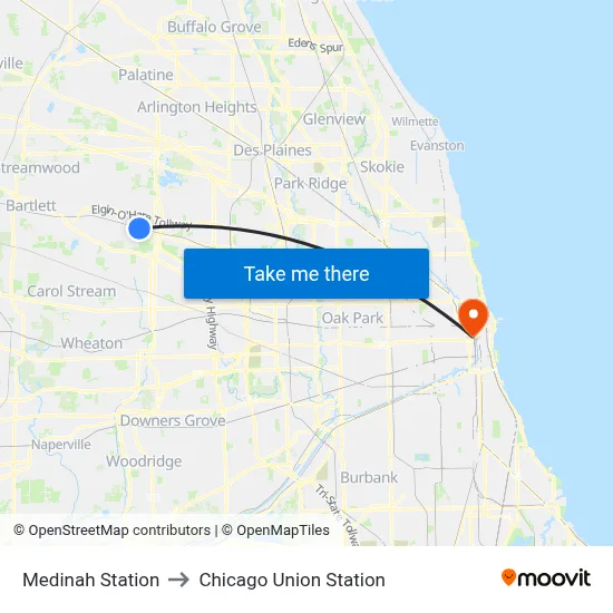 Medinah Station to Chicago Union Station map