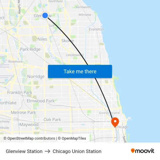 Glenview Station to Chicago Union Station map
