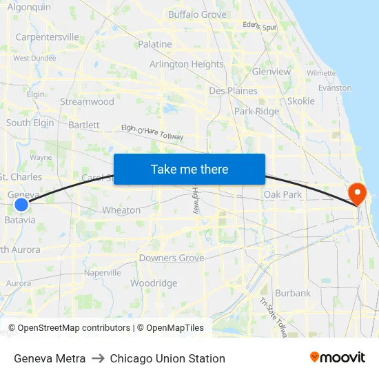 Geneva Metra to Chicago Union Station map