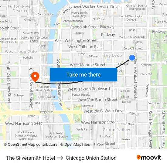 The Silversmith Hotel to Chicago Union Station map