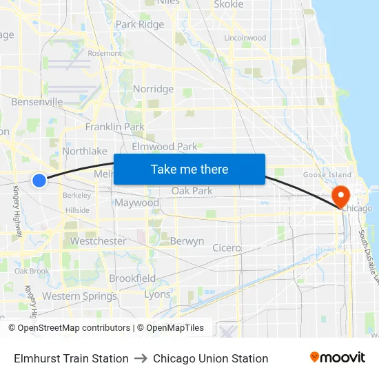 Elmhurst Train Station to Chicago Union Station map