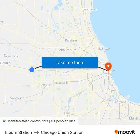 Elburn Station to Chicago Union Station map