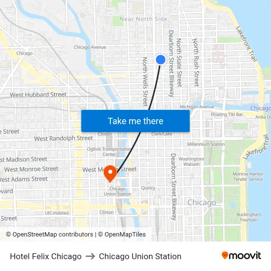 Hotel Felix Chicago to Chicago Union Station map
