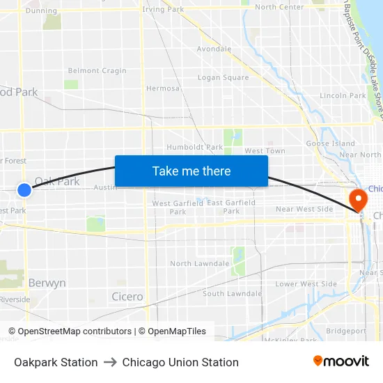 Oakpark Station to Chicago Union Station map