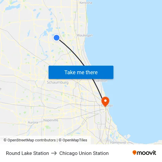 Round Lake Station to Chicago Union Station map