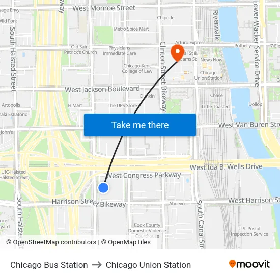 Chicago Bus Station to Chicago Union Station map