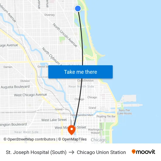 St. Joseph Hospital (South) to Chicago Union Station map