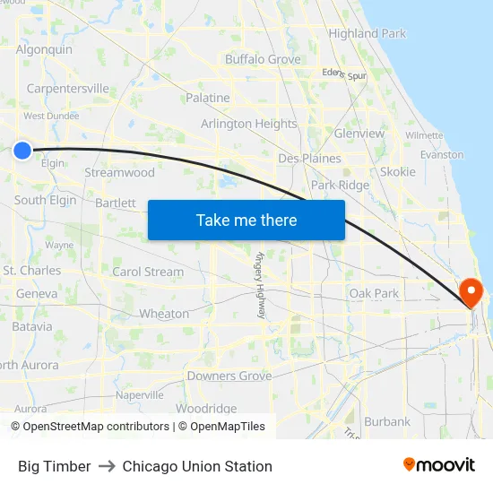 Big Timber to Chicago Union Station map