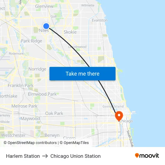 Harlem Station to Chicago Union Station map