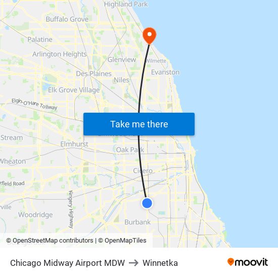 Chicago Midway Airport MDW to Winnetka map