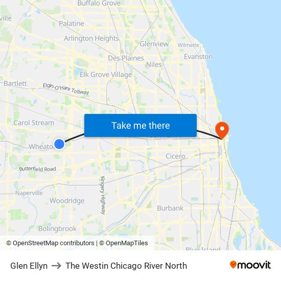 Glen Ellyn to The Westin Chicago River North map