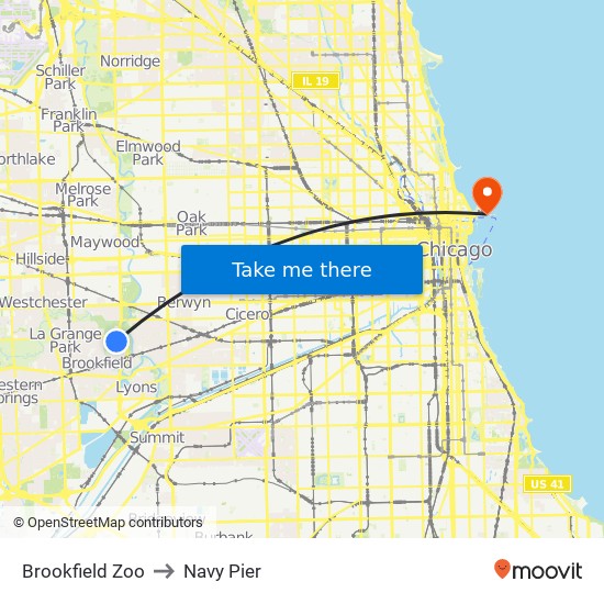 Brookfield Zoo to Navy Pier map