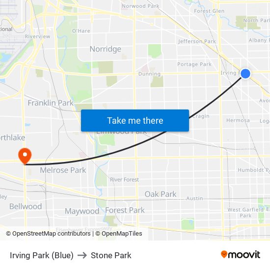 Irving Park (Blue) to Stone Park map