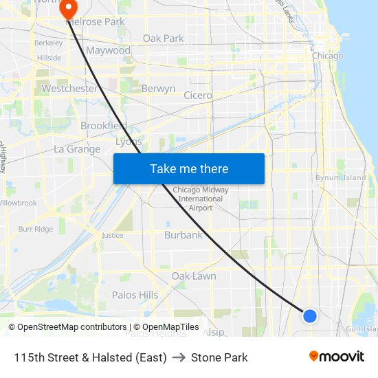 115th Street & Halsted (East) to Stone Park map