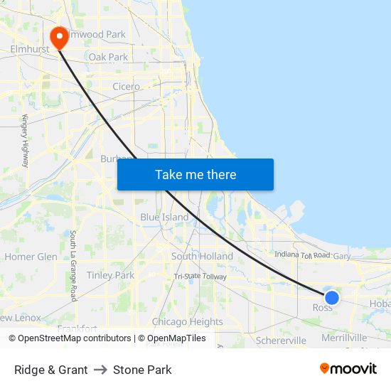 Ridge & Grant to Stone Park map