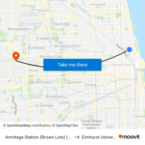 Armitage Station (Brown Line) (West) to Elmhurst University map