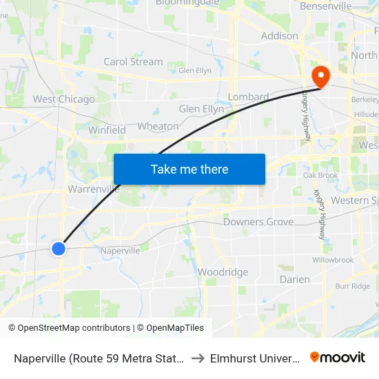 Naperville (Route 59 Metra Station) to Elmhurst University map